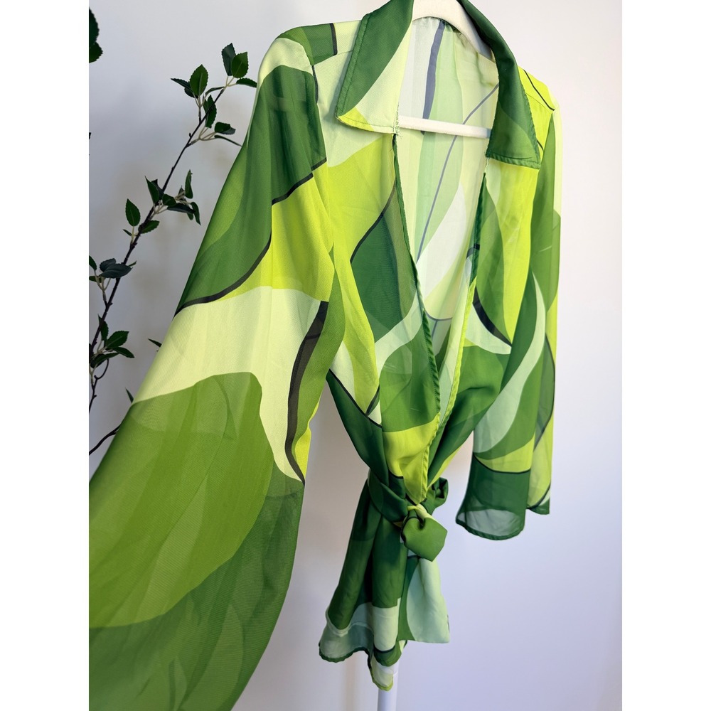 Green Abstract  Print Sheer Mesh Tie Front Beach Cover Up Bell Sleeve Top L/XL - Picture 3 of 5